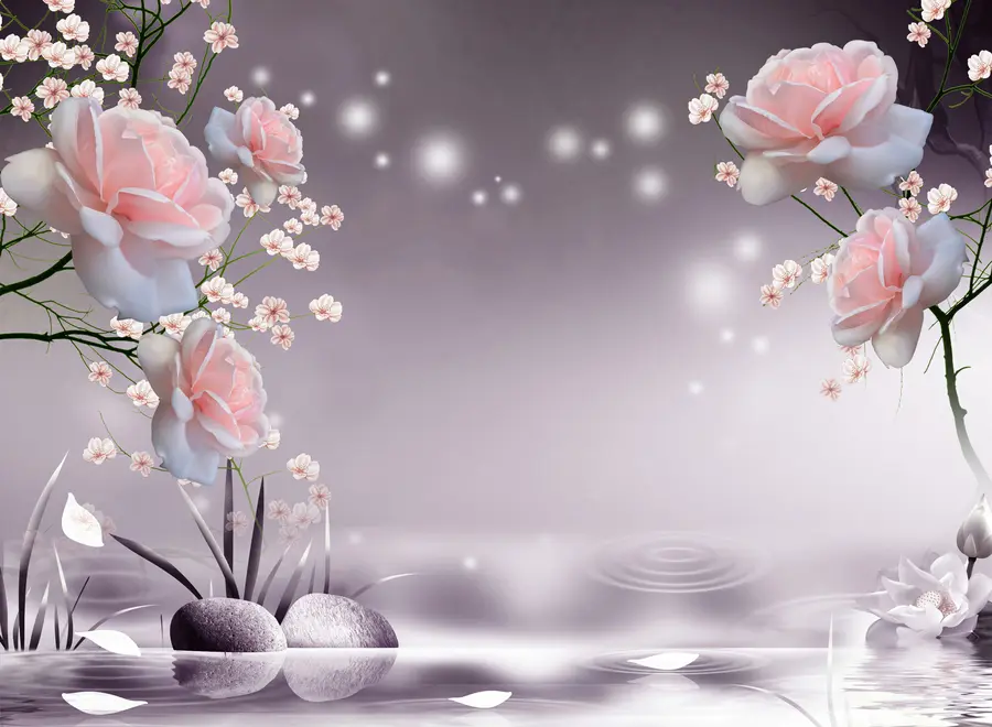 murales de pared Rosas en ondas de agua u01045