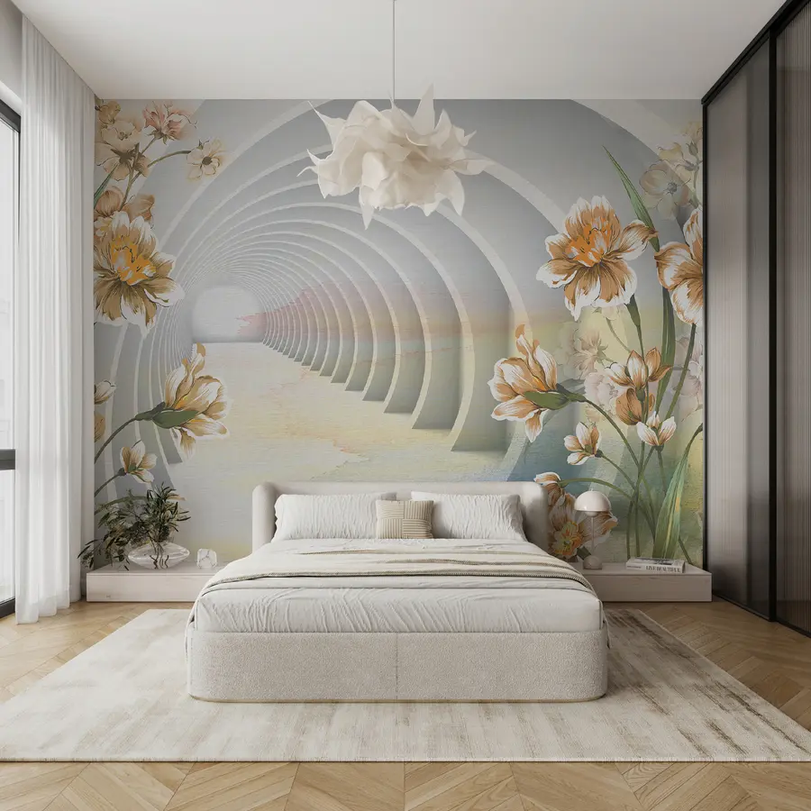 murales de pared Túnel 3D y flores u04401