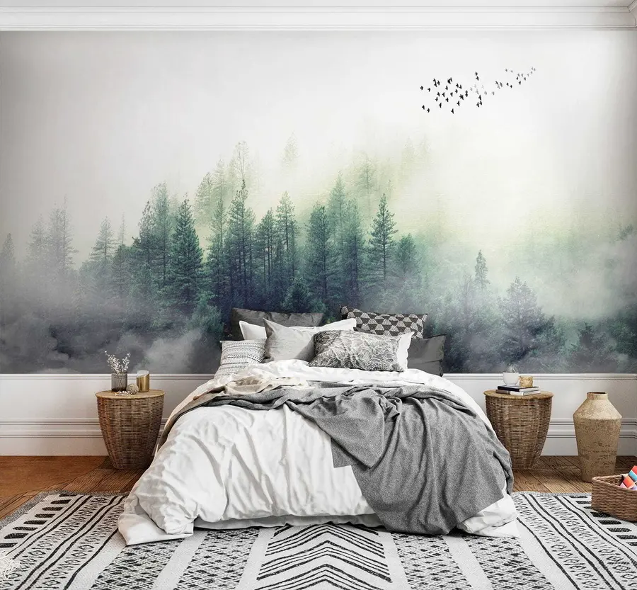 murales de pared Bosque y pájaros en la niebla u10882