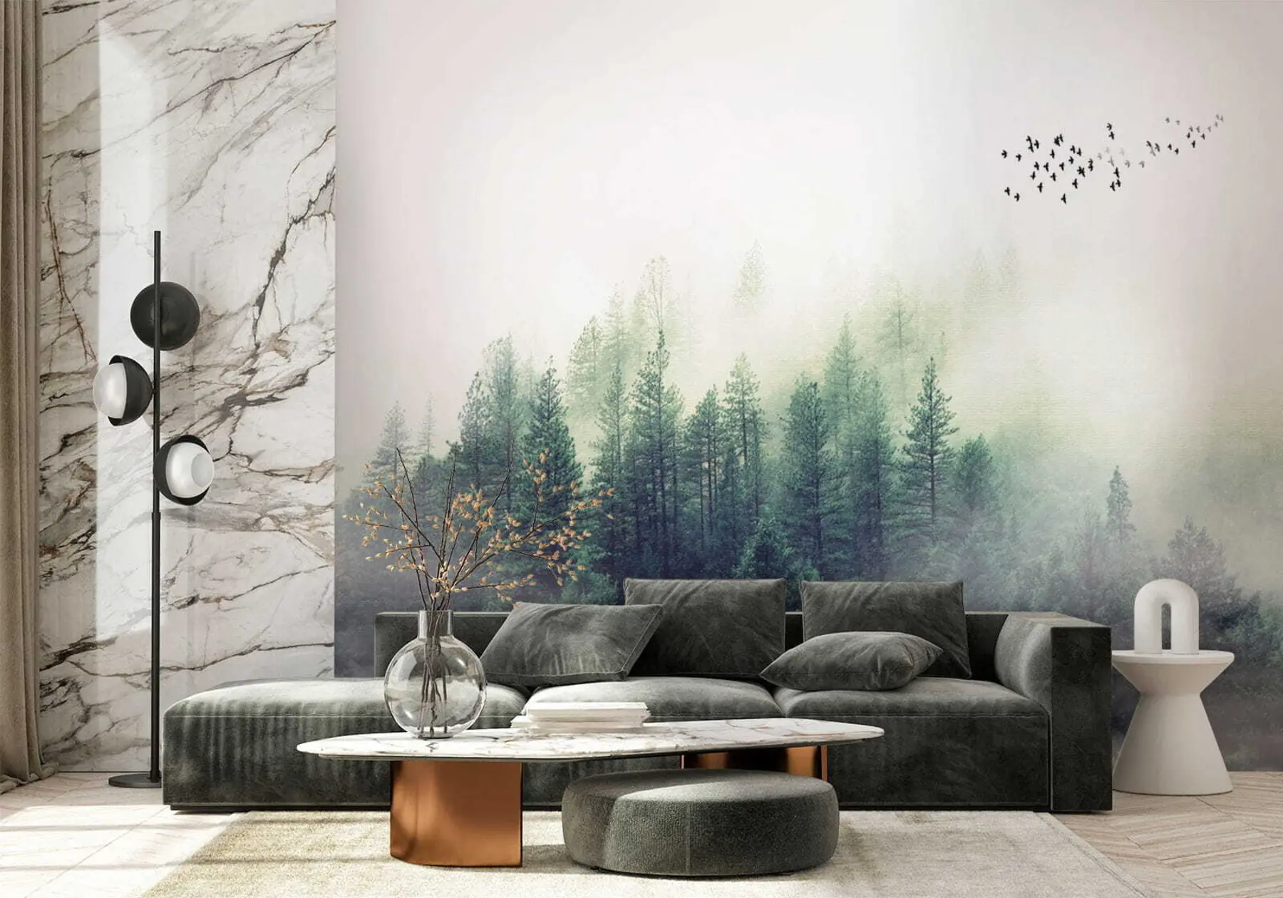 murales de pared Bosque y pájaros en la niebla u10882