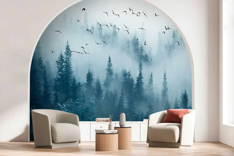 murales de pared Bosque en niebla y pájaros u22288