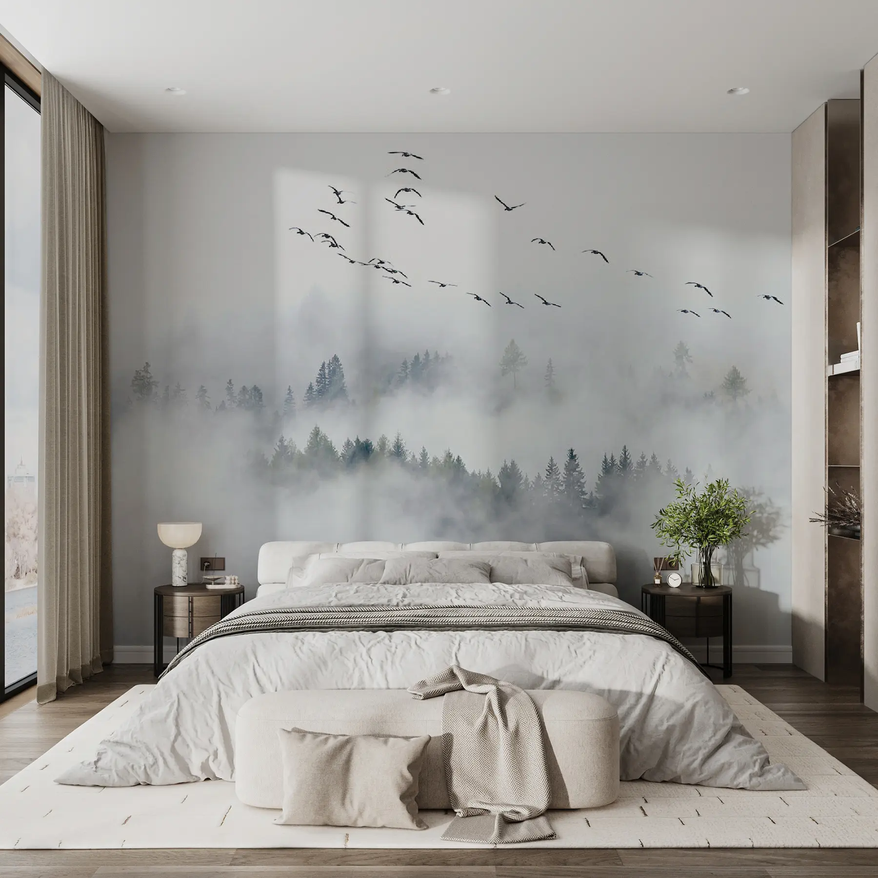 murales de pared Bosque de niebla y pájaros u32480