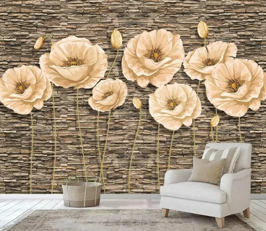 murales de pared Flores en el fondo de un muro de piedra u41855