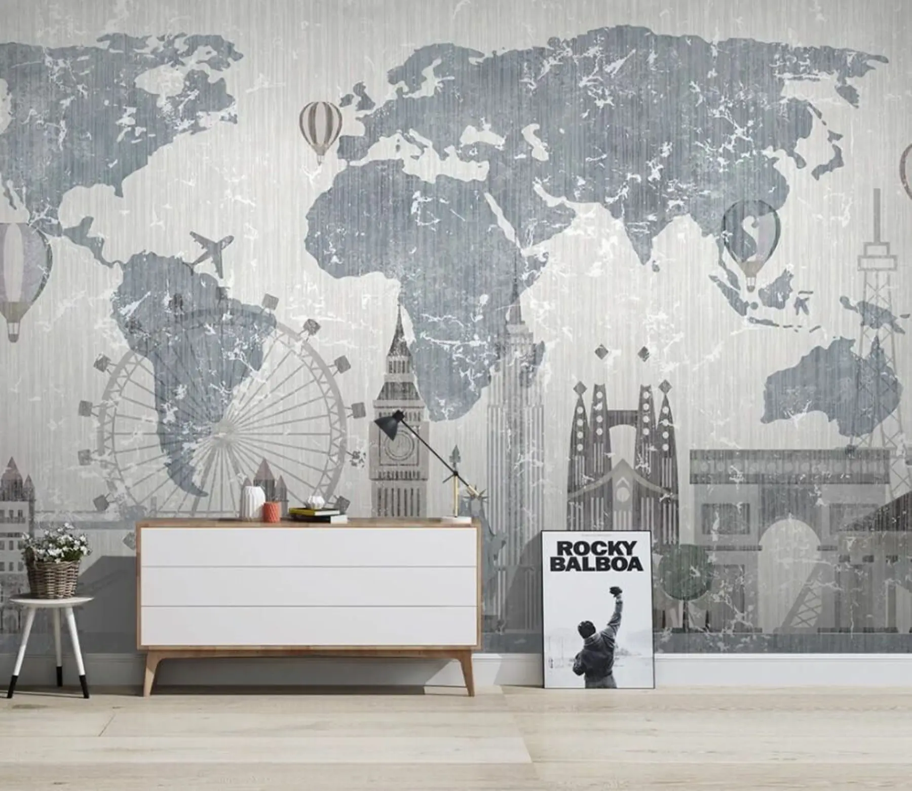 murales de pared Mapamundi en tonos grises u53138