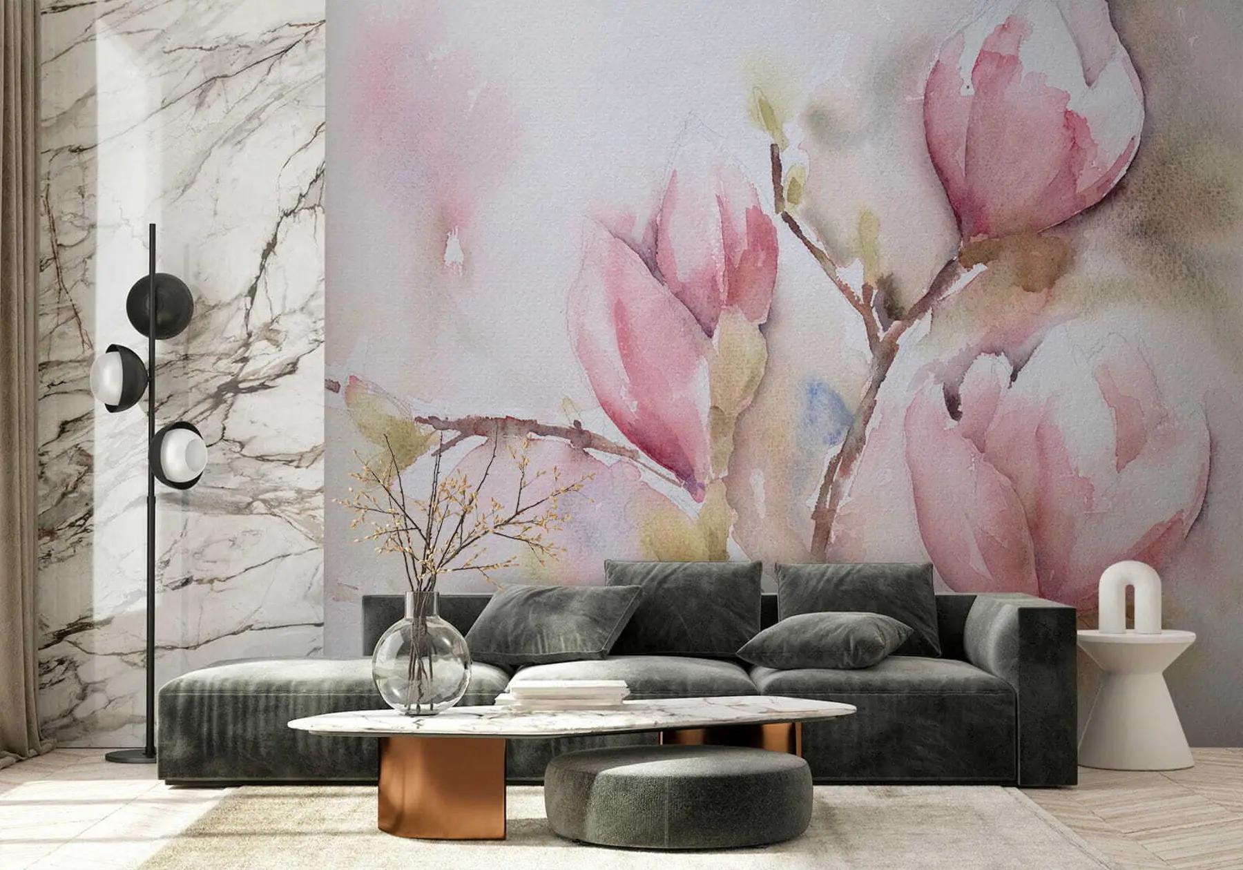 murales de pared Floración de magnolias, pintura de acuarela u53757