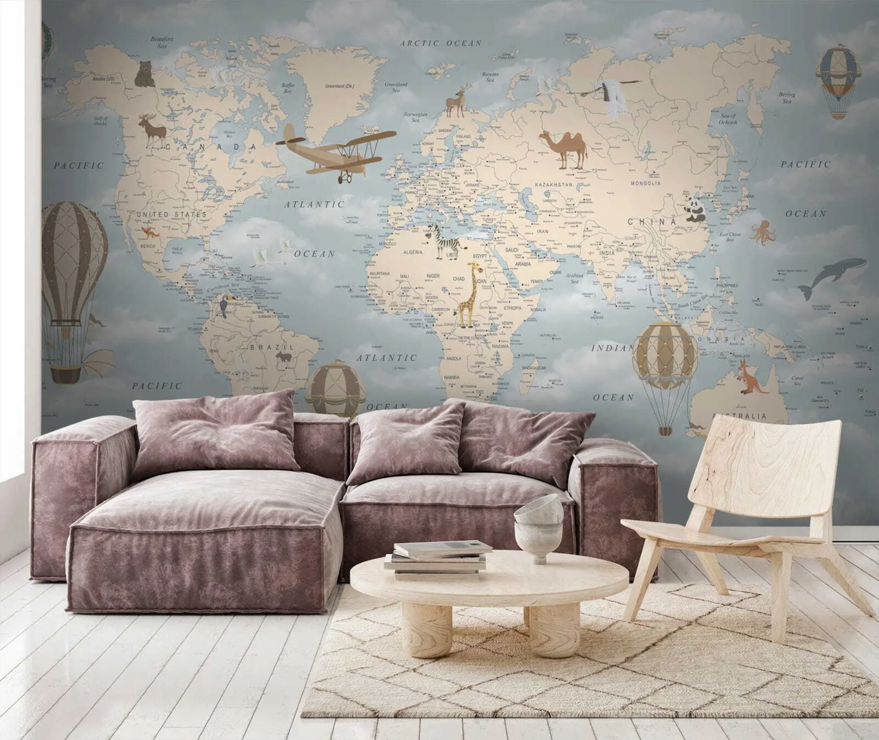 murales de pared Mapa infantil del mundo con aviones u60135