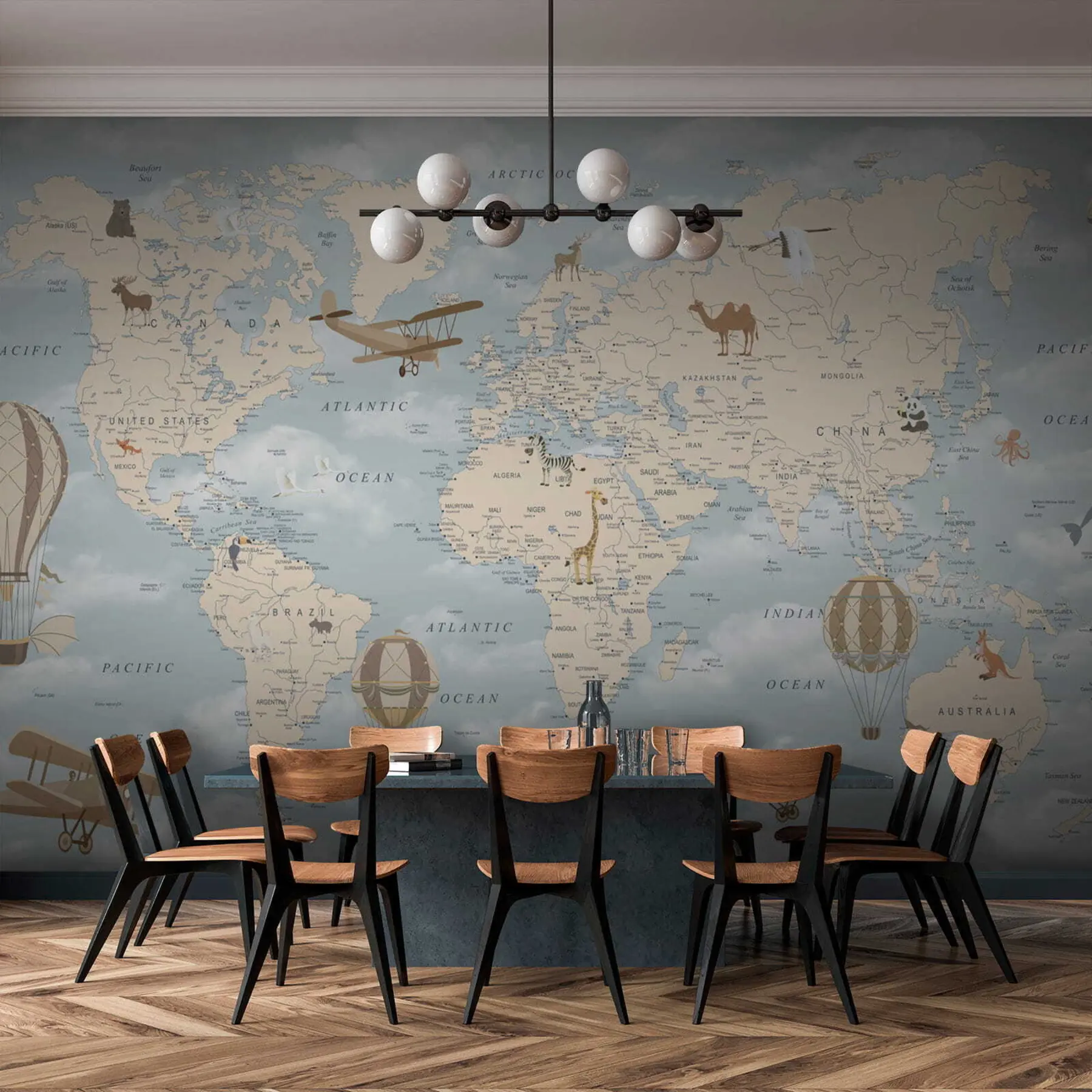 murales de pared Mapa infantil del mundo con aviones. u60135