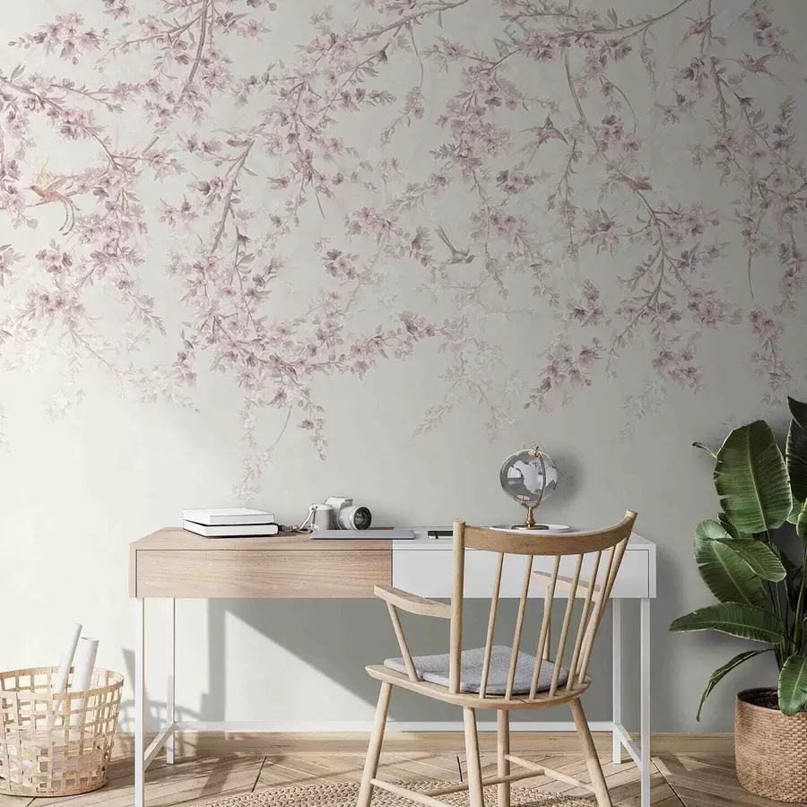 murales de pared Ramas florales y pájaros en colores lechosos u58941v2