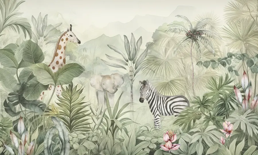 murales de pared Selva, palmeras, jirafa, elefante, cebra, acuarela, vegetación, platanero, flores w00089