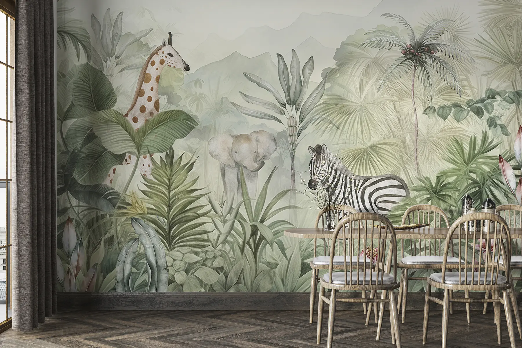 murales de pared Selva, palmeras, jirafa, elefante, cebra, acuarela, vegetación, platanero, flores w00089