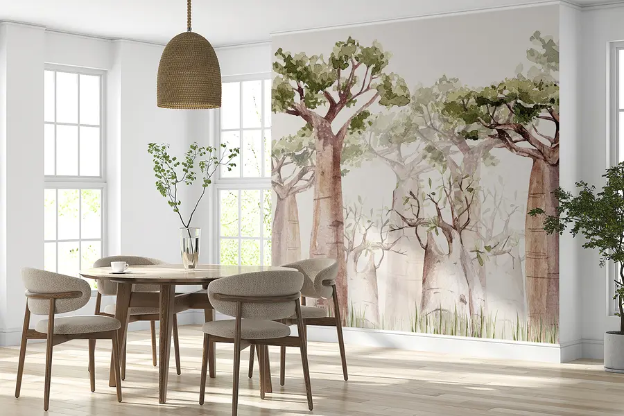 murales de pared Árbol baobab, tema safari, bosque, colores beige y verde w00082