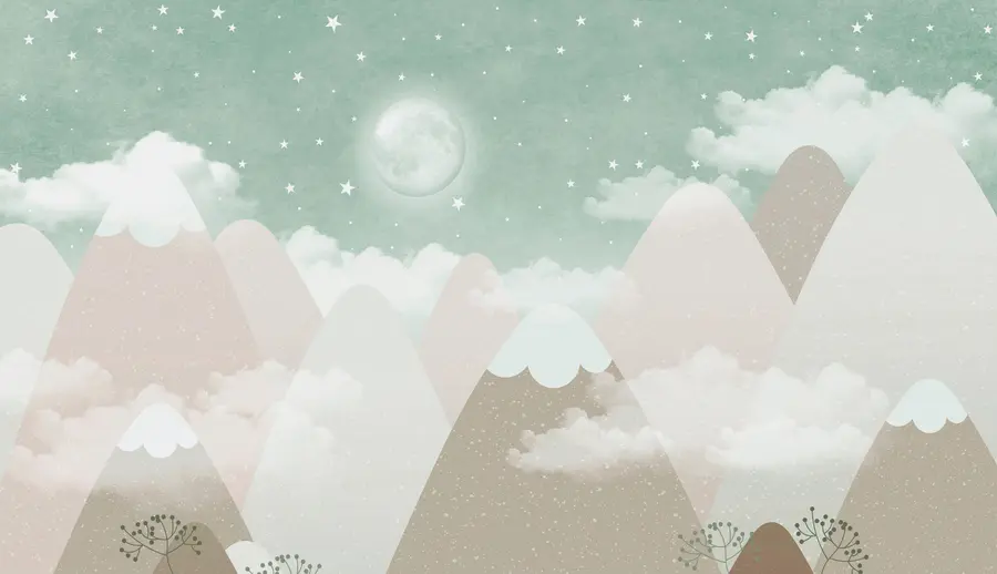 murales de pared Luna sobre montañas nevadas ilustración infantil en verde w00374v3