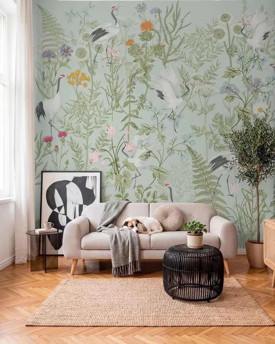 murales de pared Adorno de flores con pájaros, estilo rústico, botánico, prado, fondo azul w00380v4