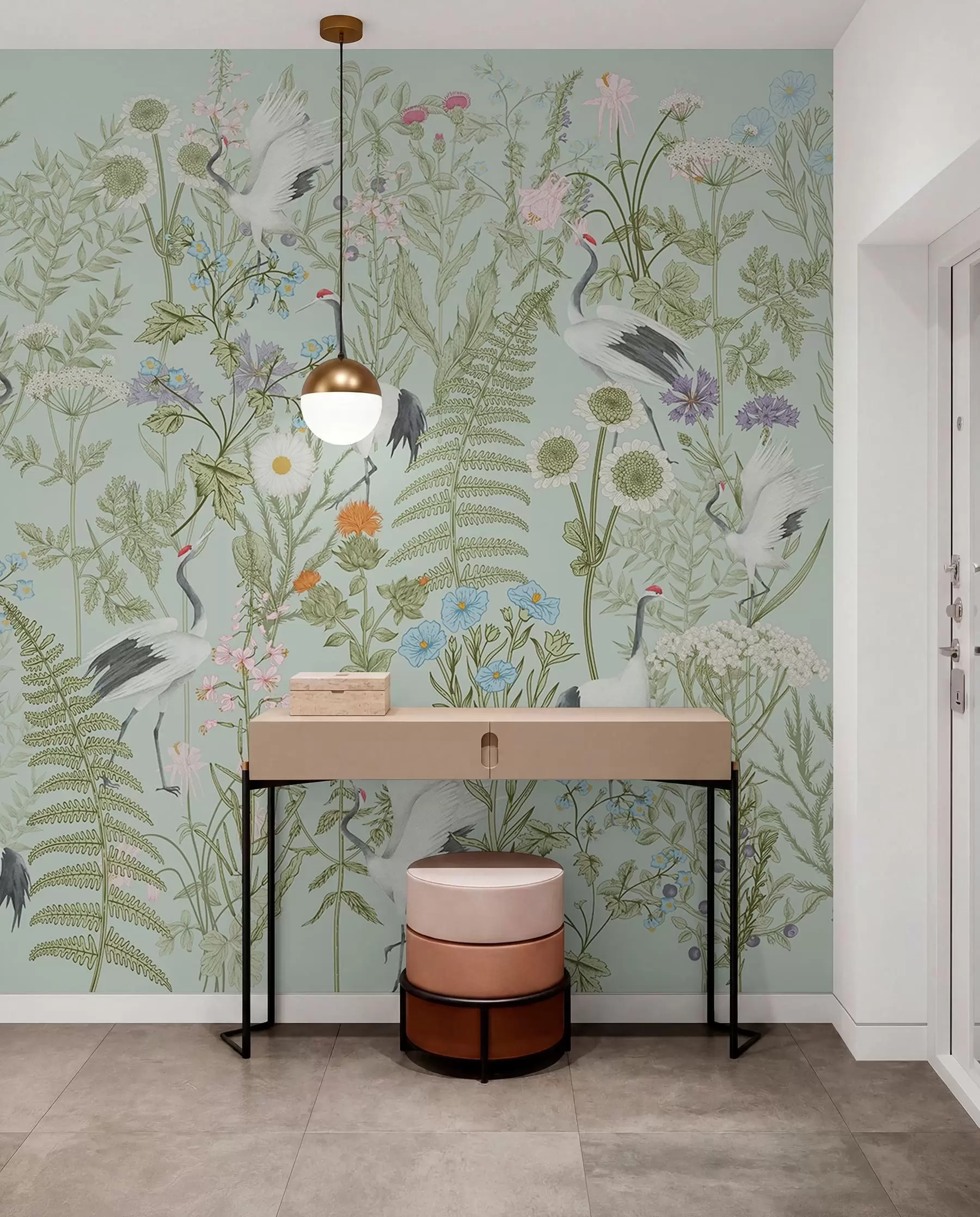 murales de pared Adorno de flores con pájaros, estilo rústico, botánico, prado, fondo azul w00380v4