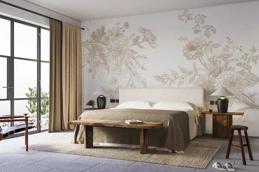 murales de pared Adorno floral, minimalismo, arte lineal, estilo boho, rústico, peonía, margarita, colores beige, prado w00381v4