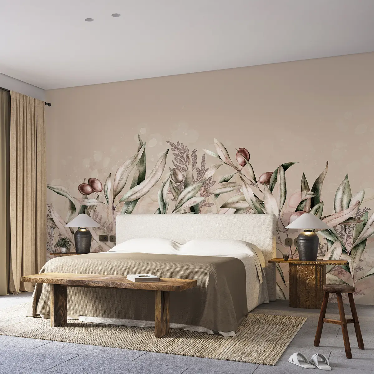 murales de pared Ilustración de aceitunas, diseño floral, tropical, acuarela, hojas grandes, colores beige. w00407v1