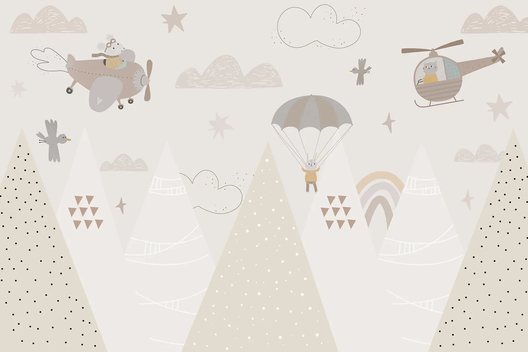 murales de pared Montañas beige con helicóptero, avión y animales w00414