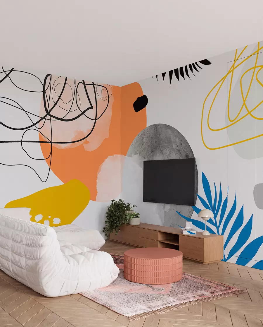 murales de pared Resumen moderno, minimalismo, boho, geometría, manchas de acuarela, luna llena, silueta de hoja de palma, topografía, complejidad, naranja, amarillo, gris w00508