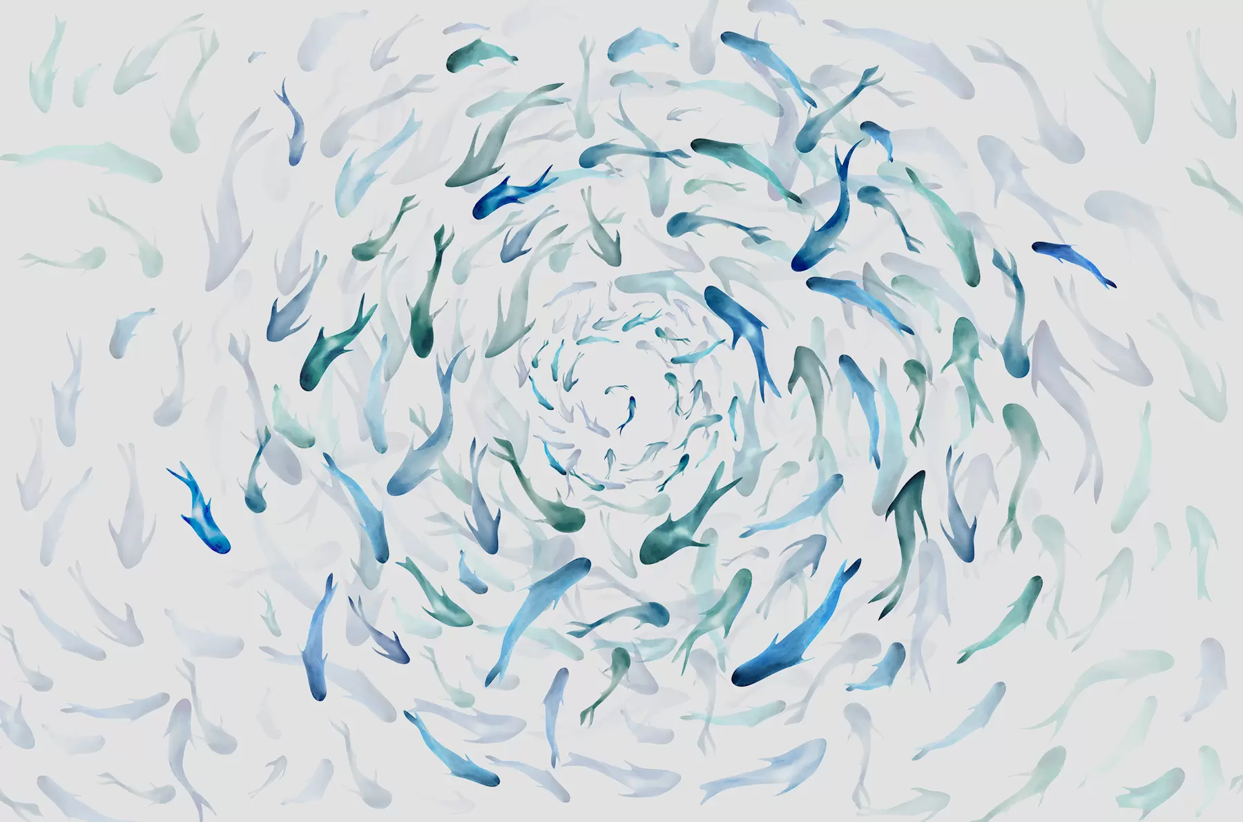 murales de pared Peces arremolinándose en una bañera de hidromasaje, danza de peces, acuarela, tiburón, composición abstracta, minimalismo, color azul, verde w00510