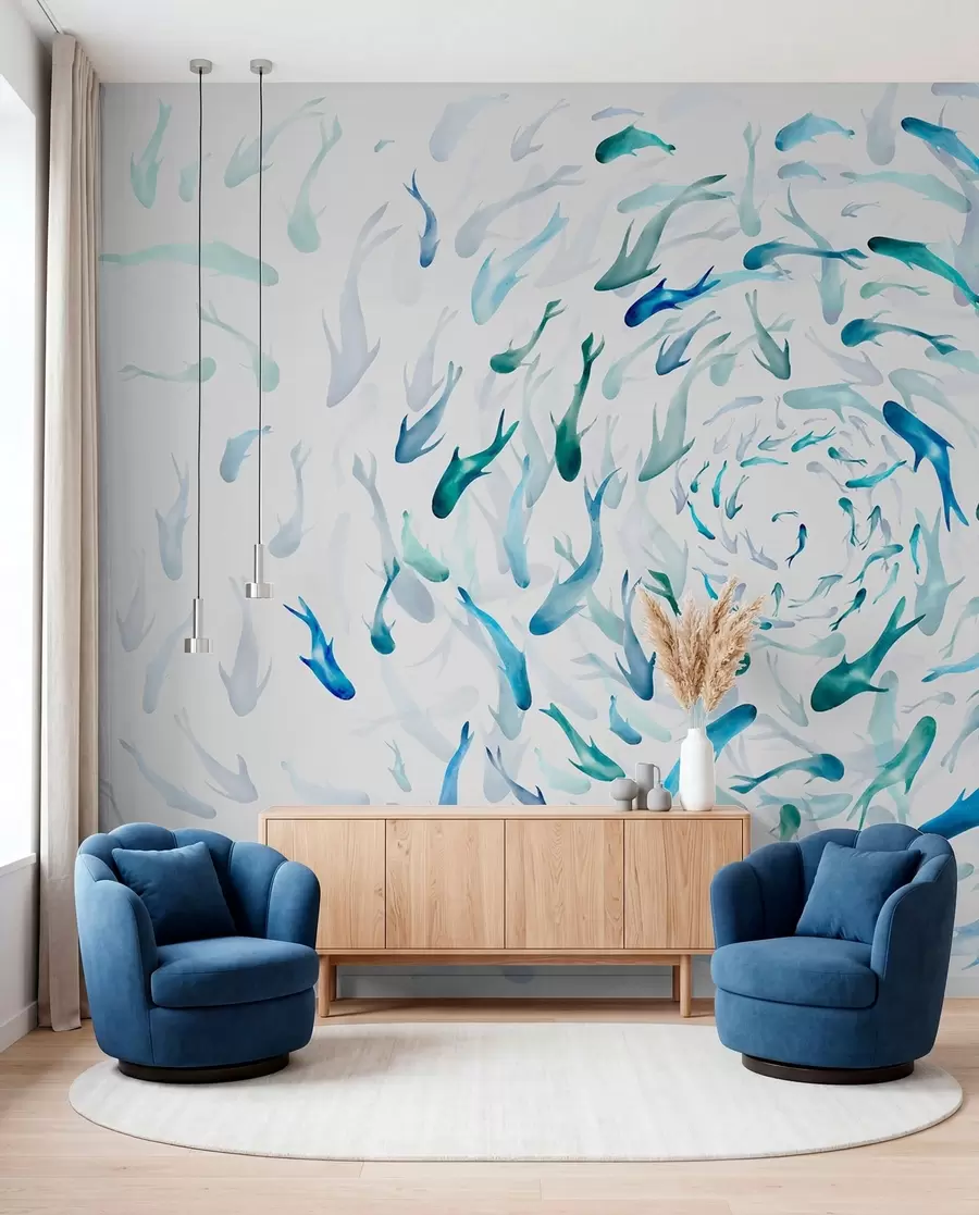murales de pared Peces arremolinándose en una bañera de hidromasaje, danza de peces, acuarela, tiburón, composición abstracta, minimalismo, color azul, verde w00510