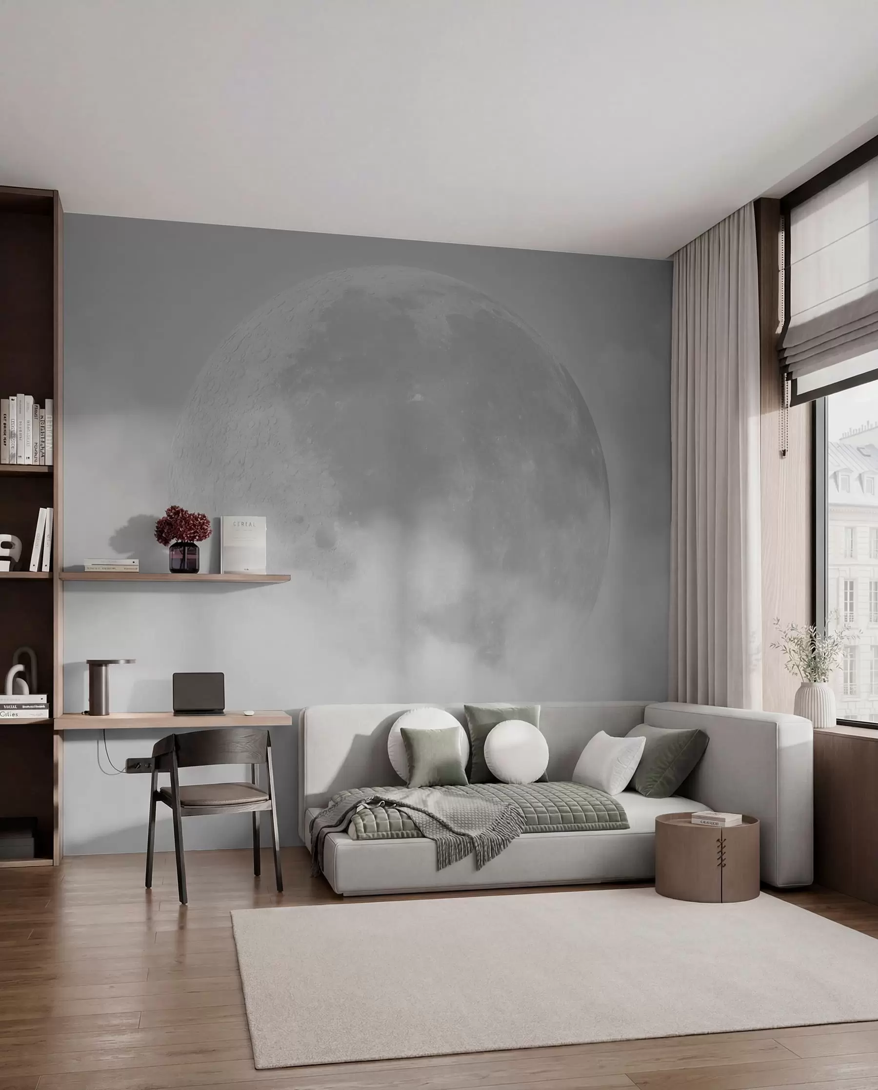 murales de pared Gran luna entre las nubes de color gris estilo loft w00548v1