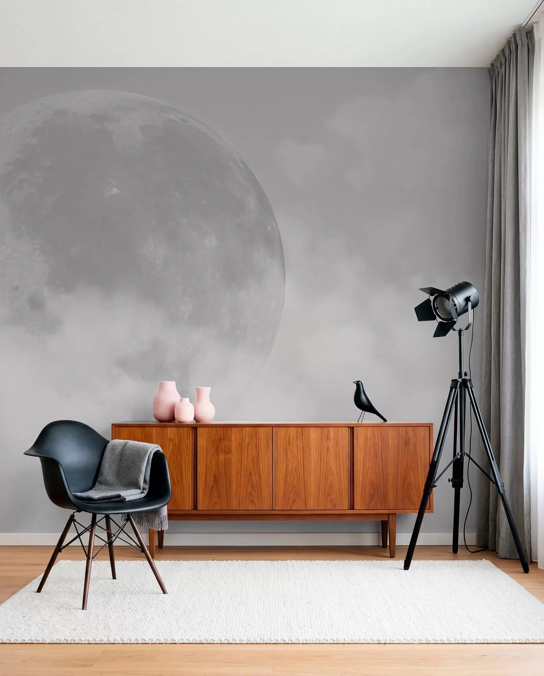 murales de pared Gran luna entre las nubes de color gris estilo loft w00548v1