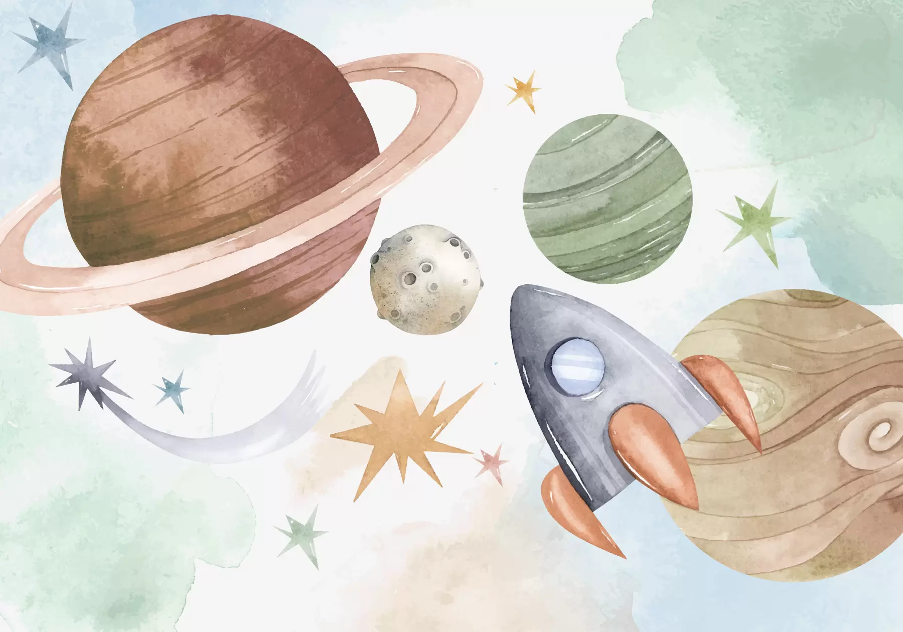 murales de pared Una colorida ilustración que representa varios planetas y acuarela espacial. w00539