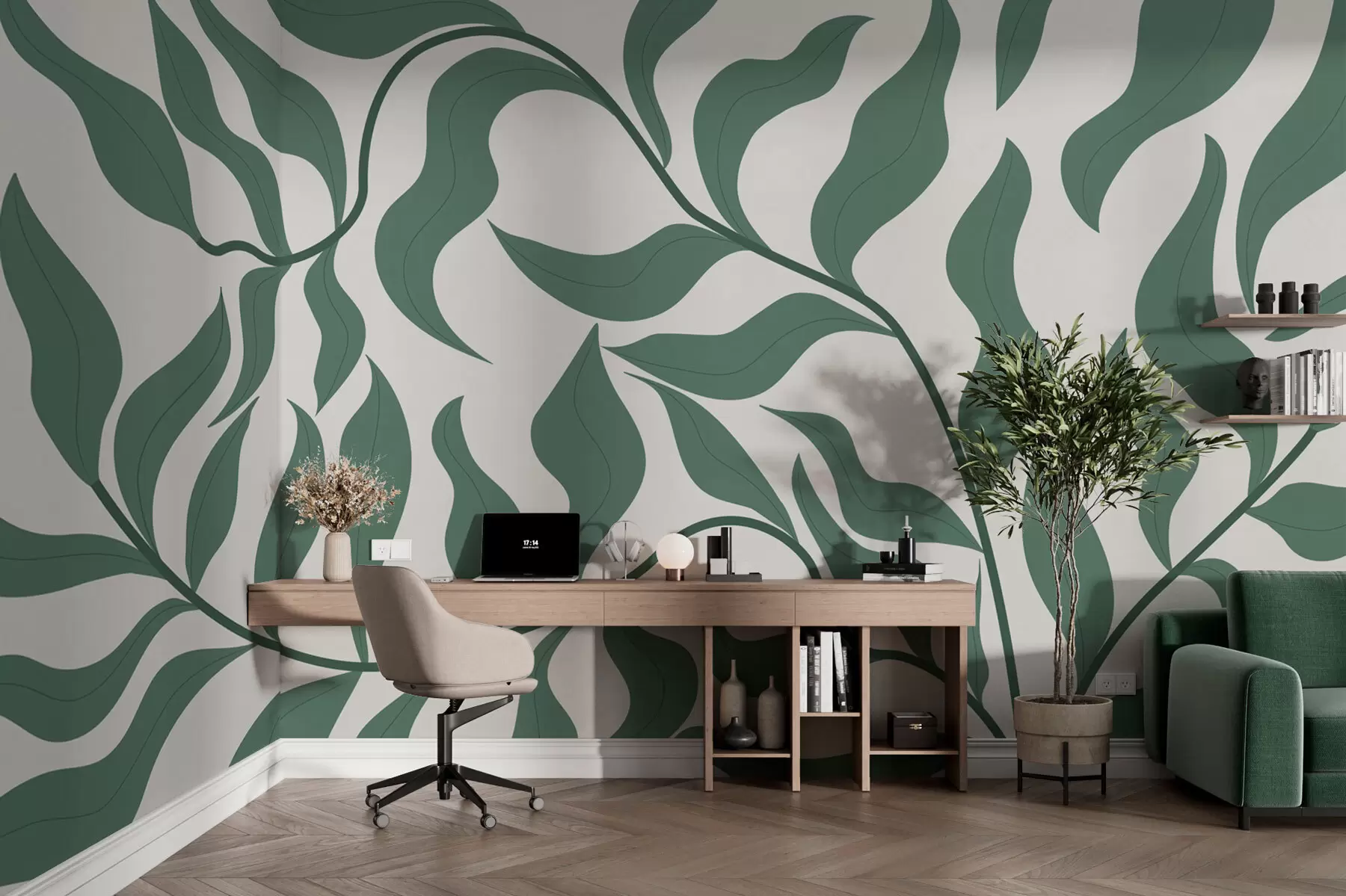 murales de pared Rama con hojas verdes w00629