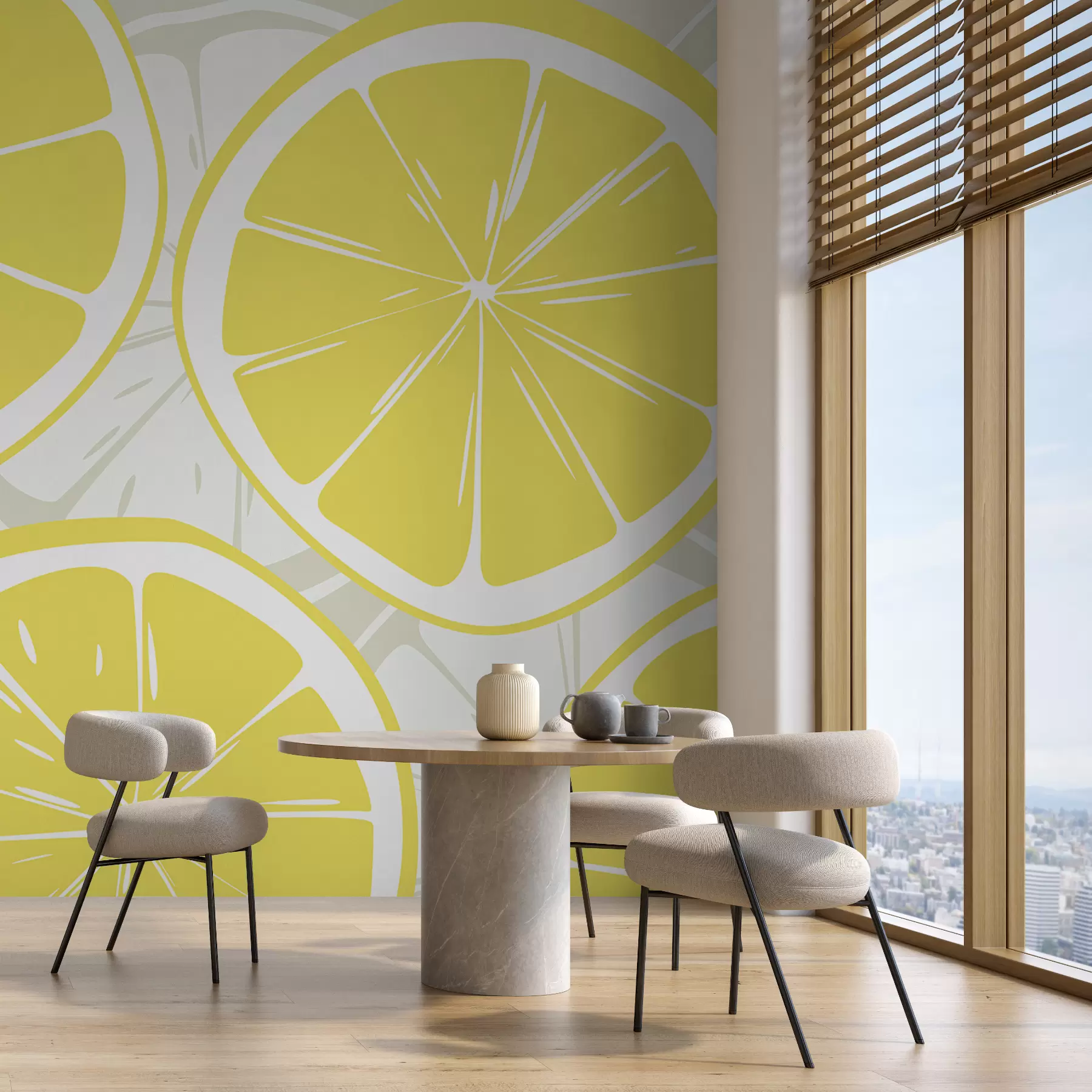 murales de pared Rodajas de limón, cítricos cortados, abstracción, fruta, color amarillo w00725v2