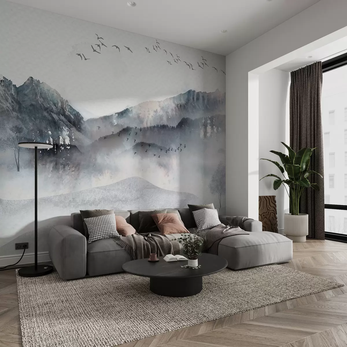 murales de pared Paisaje con montañas al fondo, con algunos árboles visibles en primer plano sereno w00707