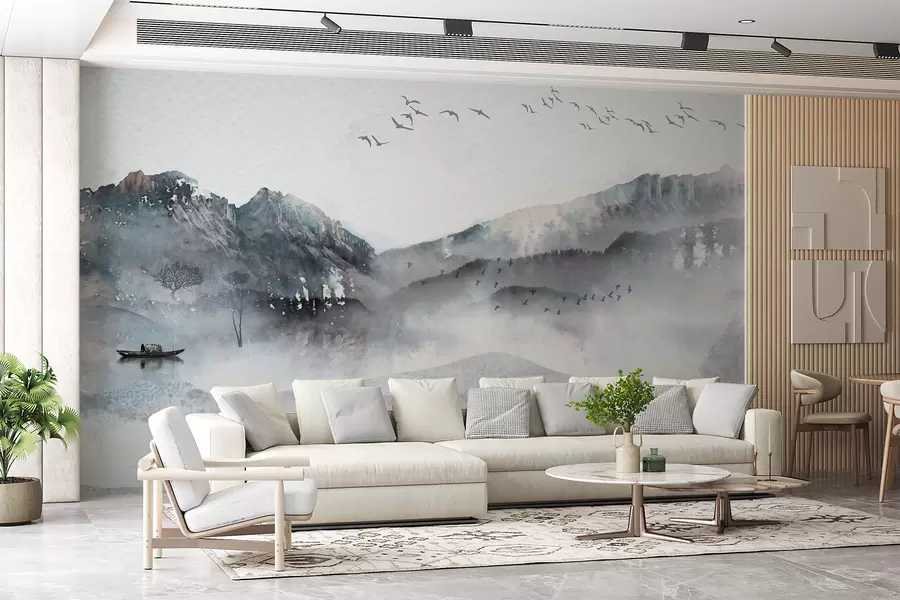 murales de pared Paisaje con montañas al fondo, con algunos árboles visibles en primer plano sereno w00707