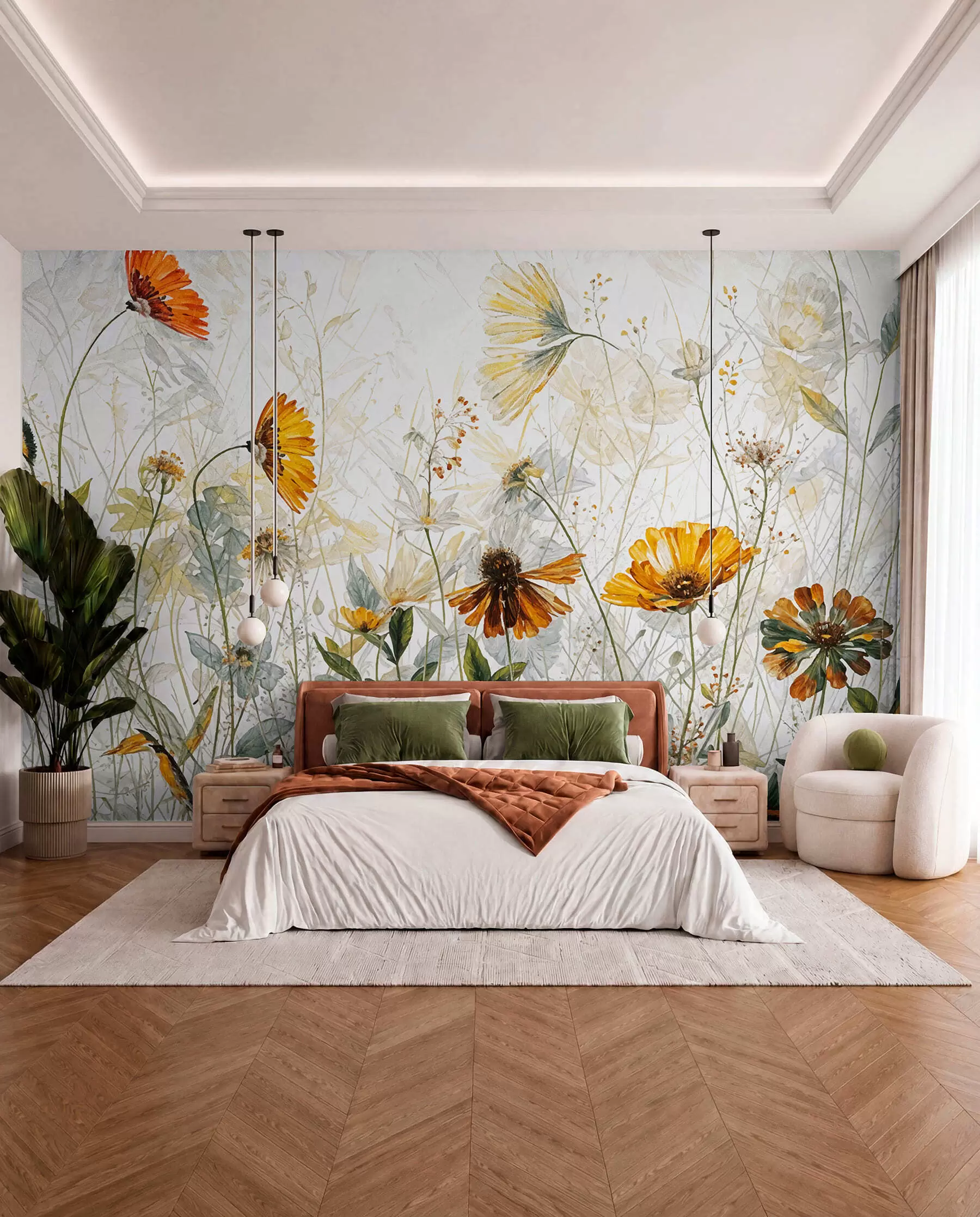 murales de pared Un campo de flores vibrantes sobre un fondo suave y brumoso con delicadas flores blancas y hierba tenue w00708