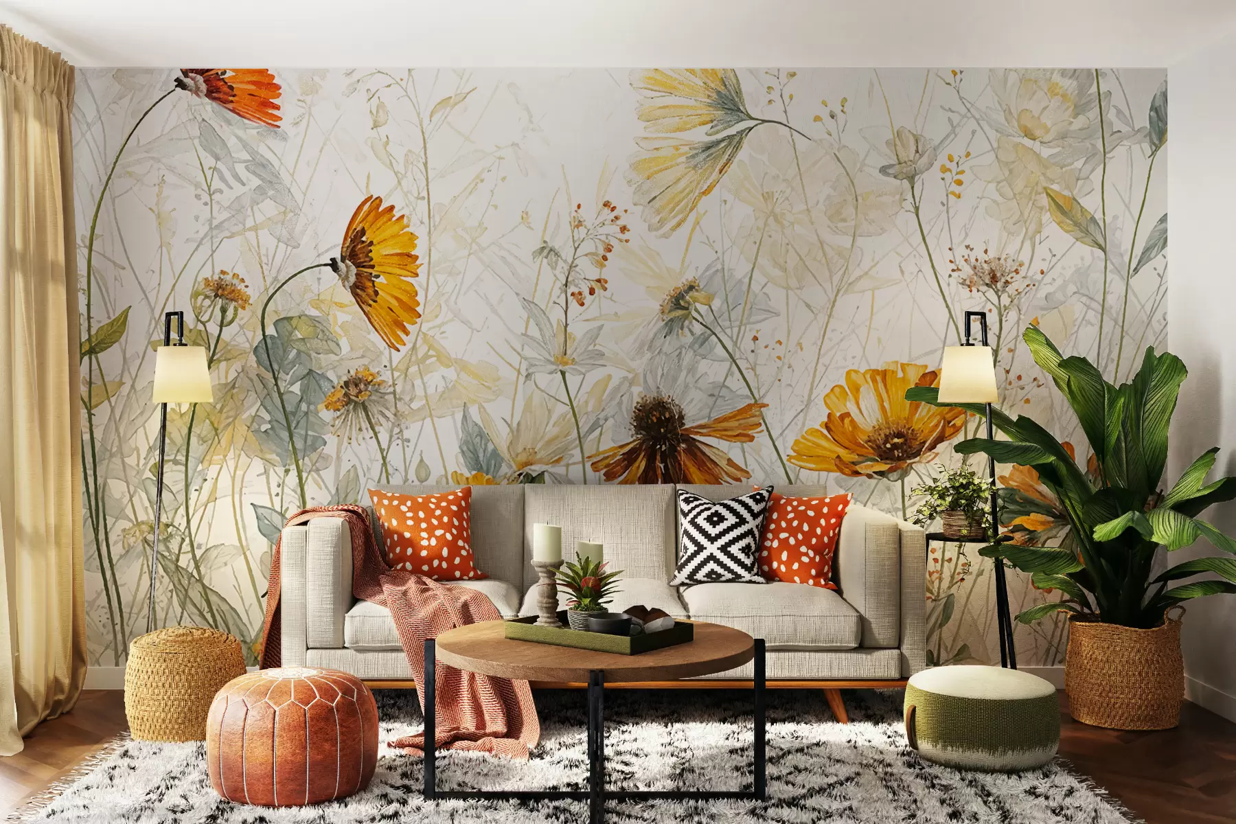 murales de pared Un campo de flores vibrantes sobre un fondo suave y brumoso con delicadas flores blancas y hierba tenue w00708