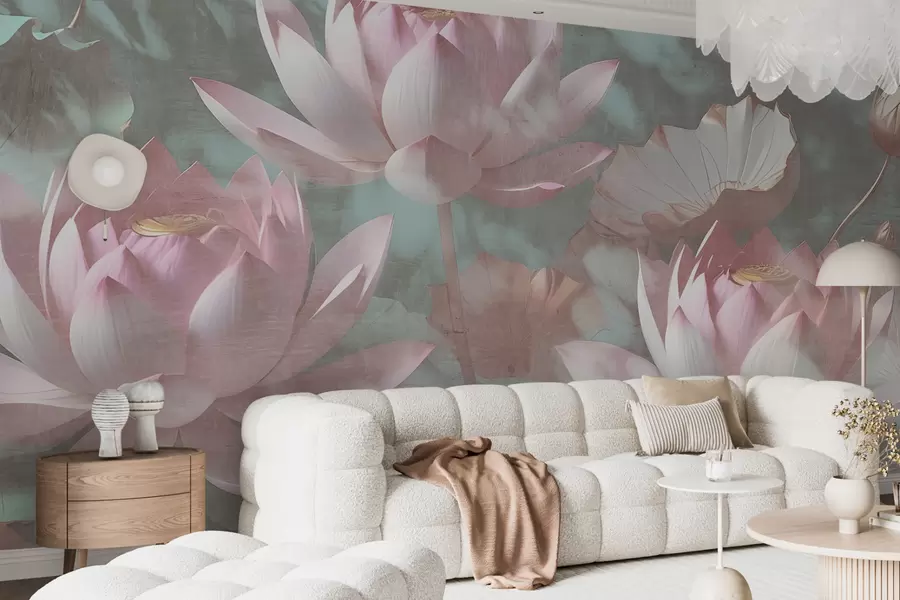 murales de pared Un primer plano de varias delicadas flores de loto rosa sobre un fondo suave y borroso w00710