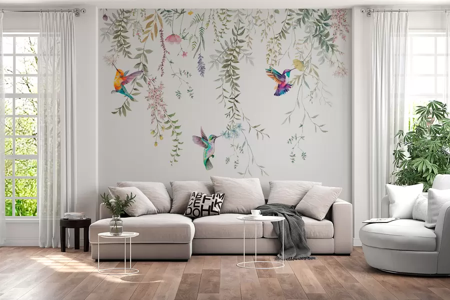 murales de pared Flores y hojas colgantes y hermosos colibríes w00660