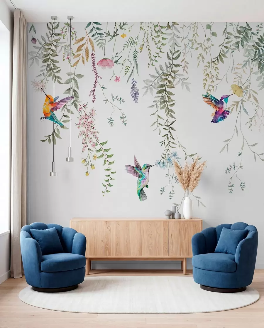 murales de pared Flores y hojas colgantes y hermosos colibríes w00660