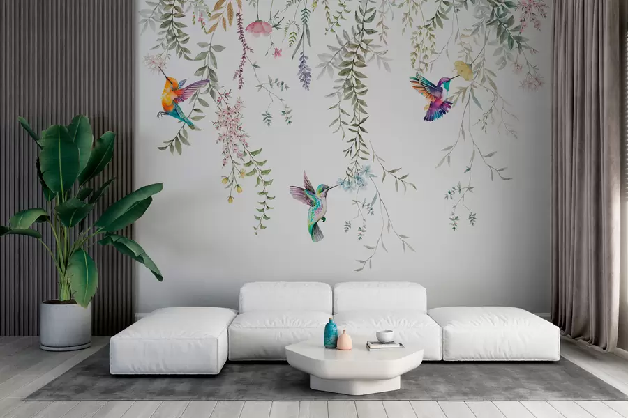 murales de pared Flores y hojas colgantes y hermosos colibríes w00660