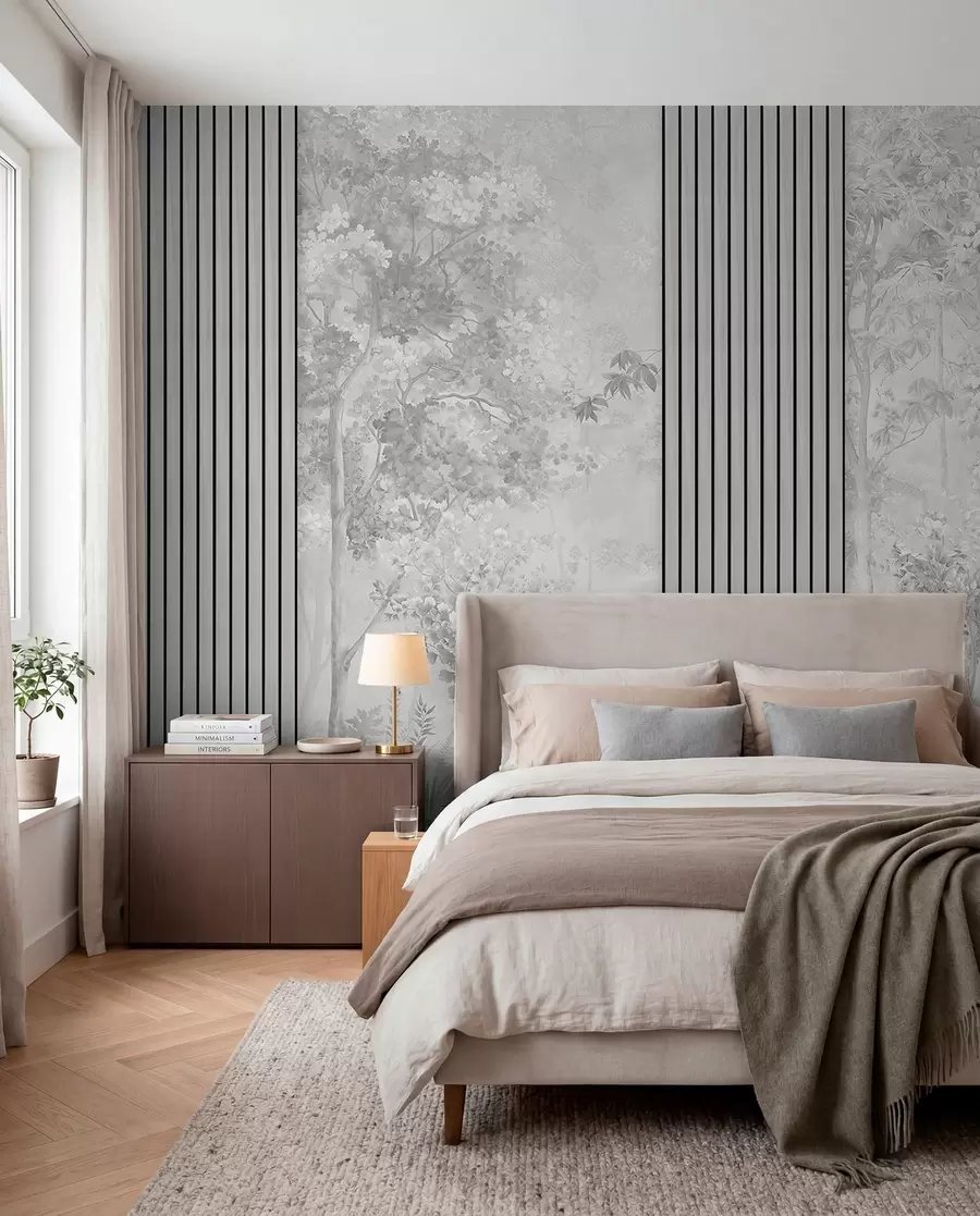 murales de pared Paneles de madera y delicado bosque en tonos grises w00670v3