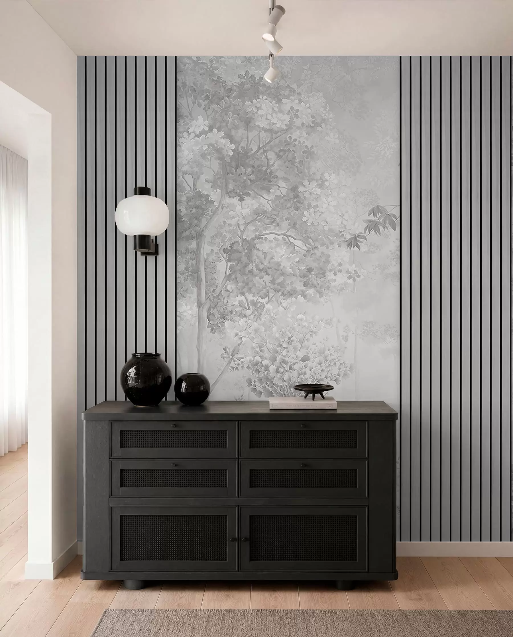 murales de pared Paneles de madera y delicado bosque en tonos grises w00670v3