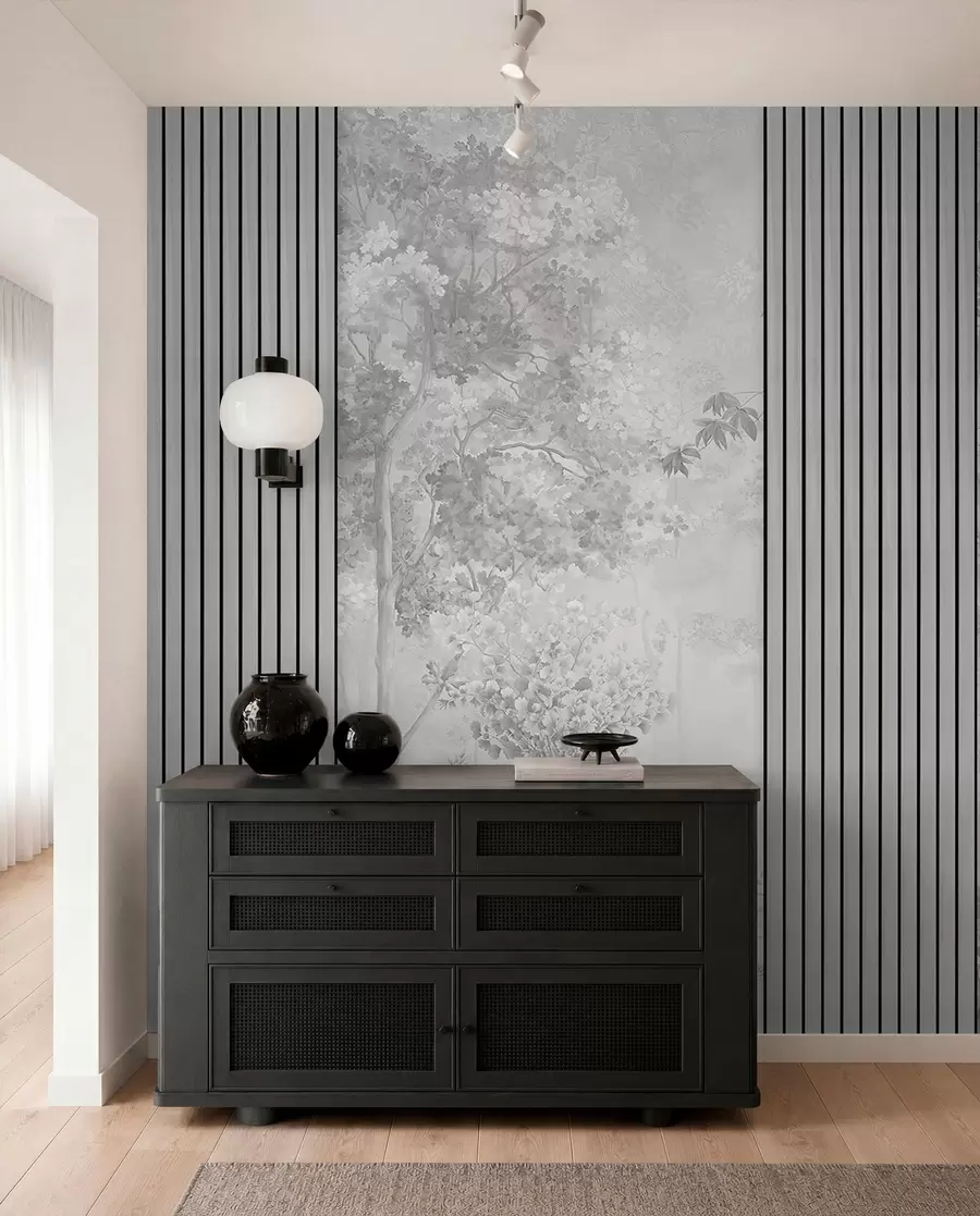 murales de pared Paneles de madera y delicado bosque en tonos grises w00670v3