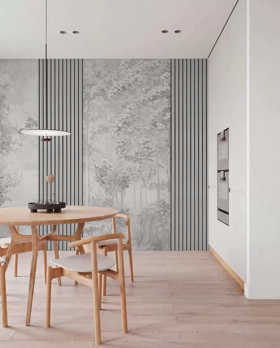 murales de pared Paneles de madera y delicado bosque en tonos grises w00670v3