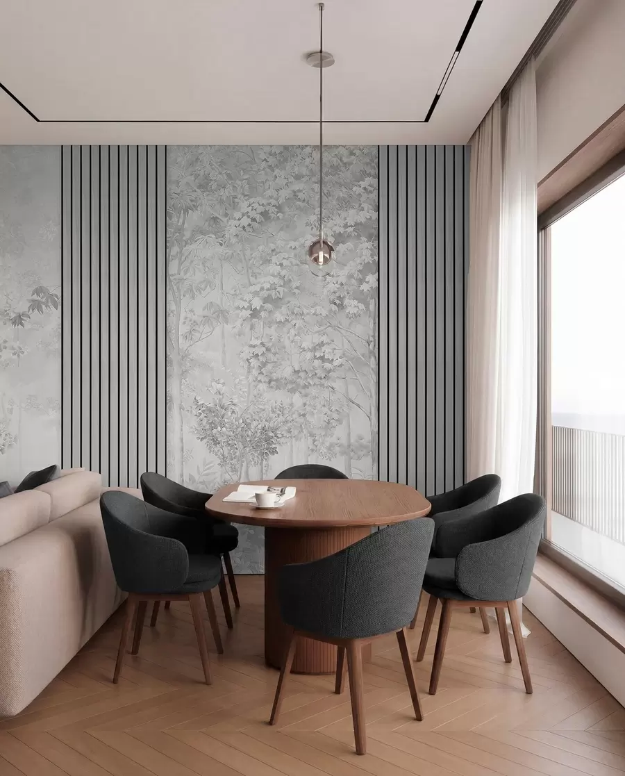 murales de pared Paneles de madera y delicado bosque en tonos grises w00670v3