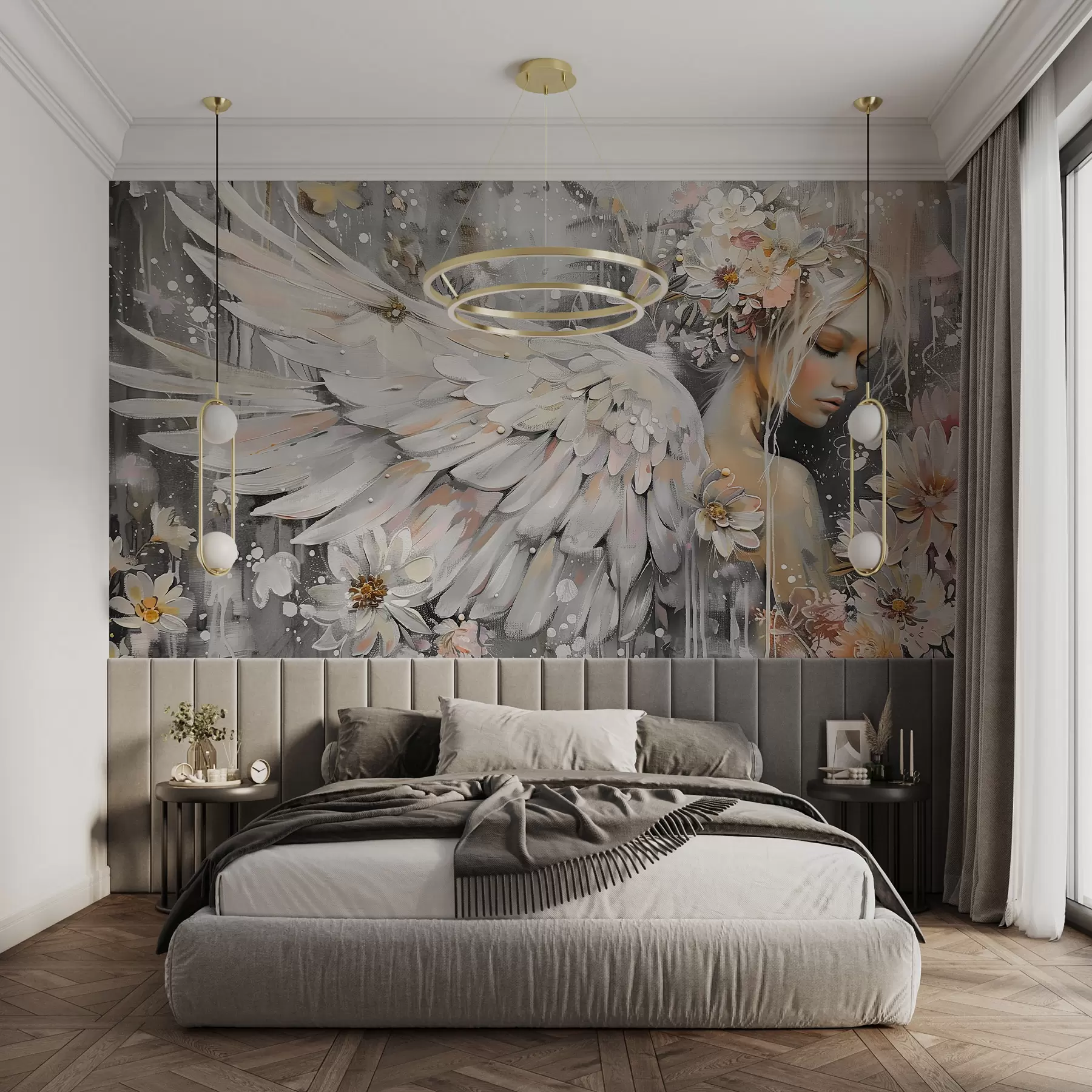 murales de pared Niña ángel sobre un fondo gris pintado al óleo w00761