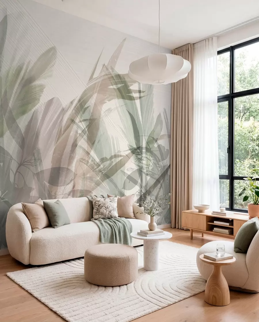 murales de pared Multicomposición abstracta de formas de hojas tropicales parecidas a hierba borrosa en tonos de verde claro y gris w00798