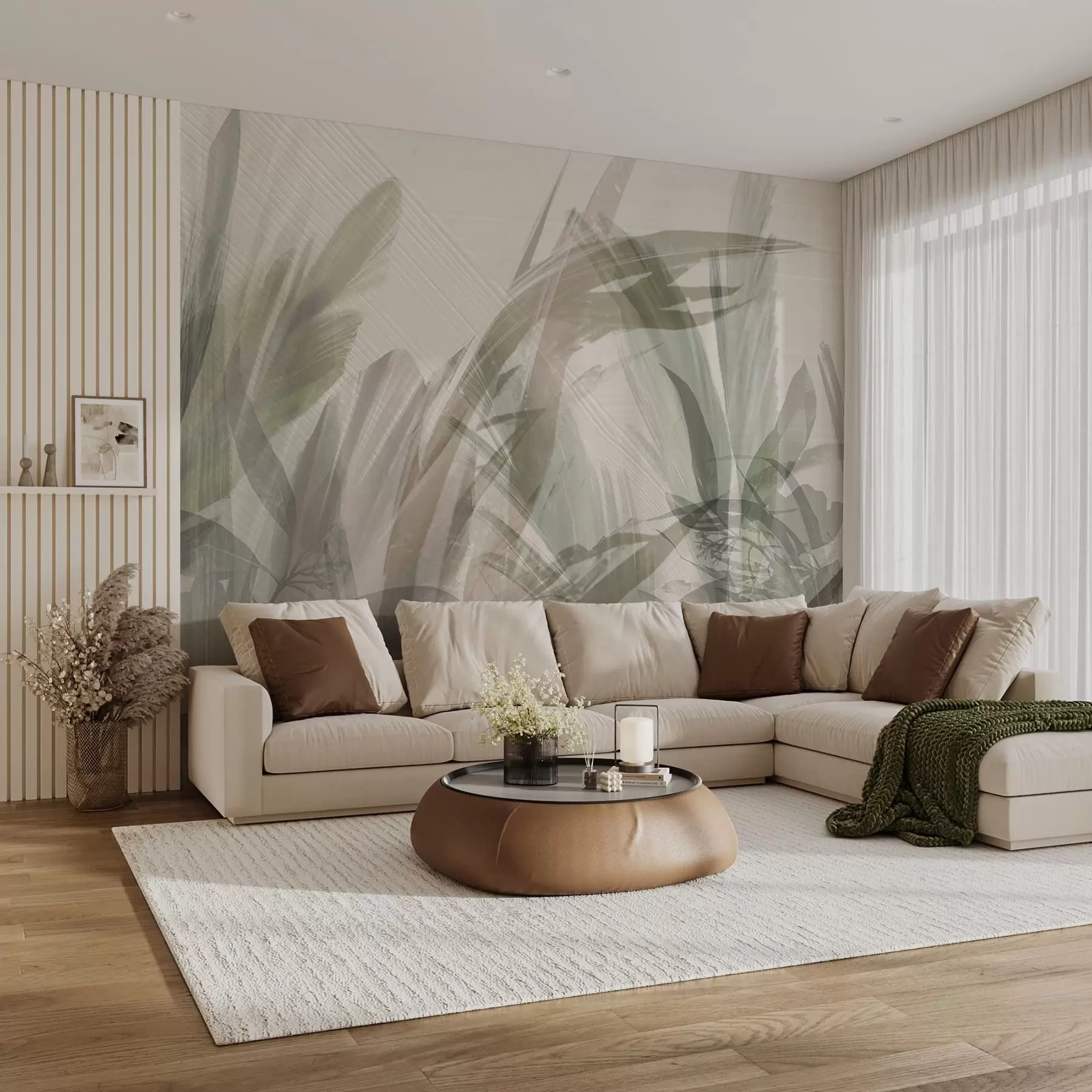 murales de pared Multicomposición abstracta de formas de hojas tropicales parecidas a hierba borrosa en tonos de verde claro y gris w00798