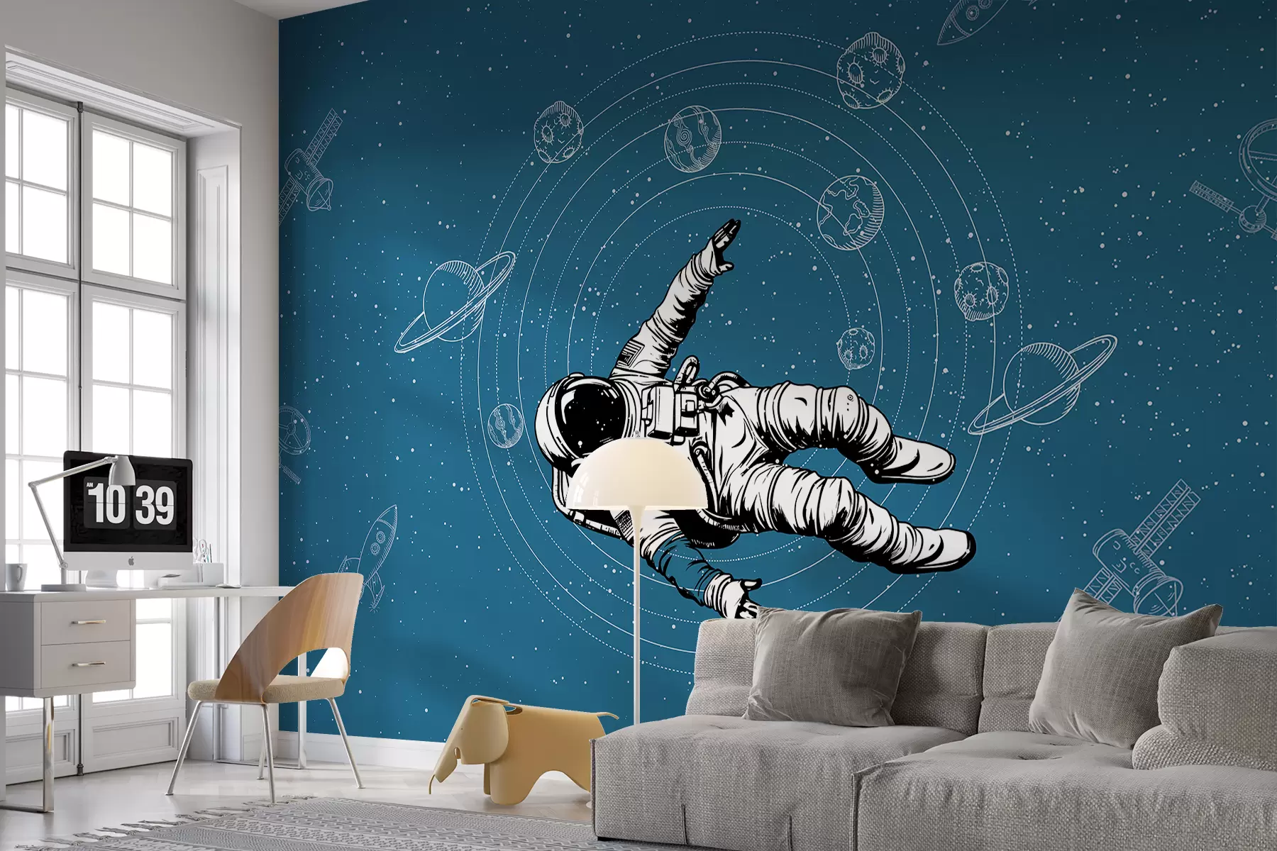 murales de pared Astronauta y planetas sobre fondo azul w00712v3