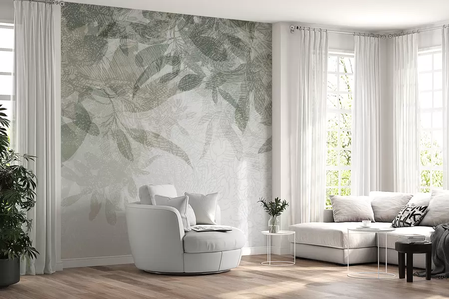 murales de pared Hojas suaves y borrosas en tonos verdes y grises sobre un fondo de dibujo de textura clara w00854