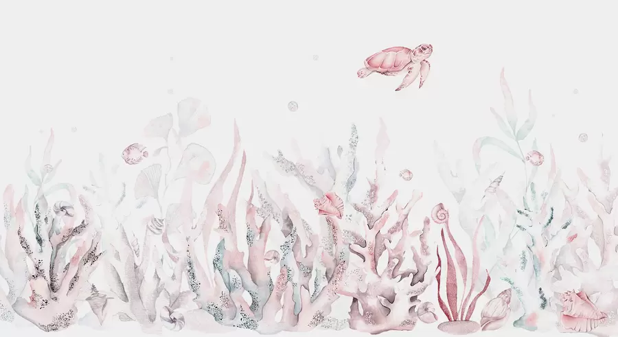 murales de pared Corales marinos acuarela, conchas marinas, tortugas, vida marina, colores rosas suaves w00849v2