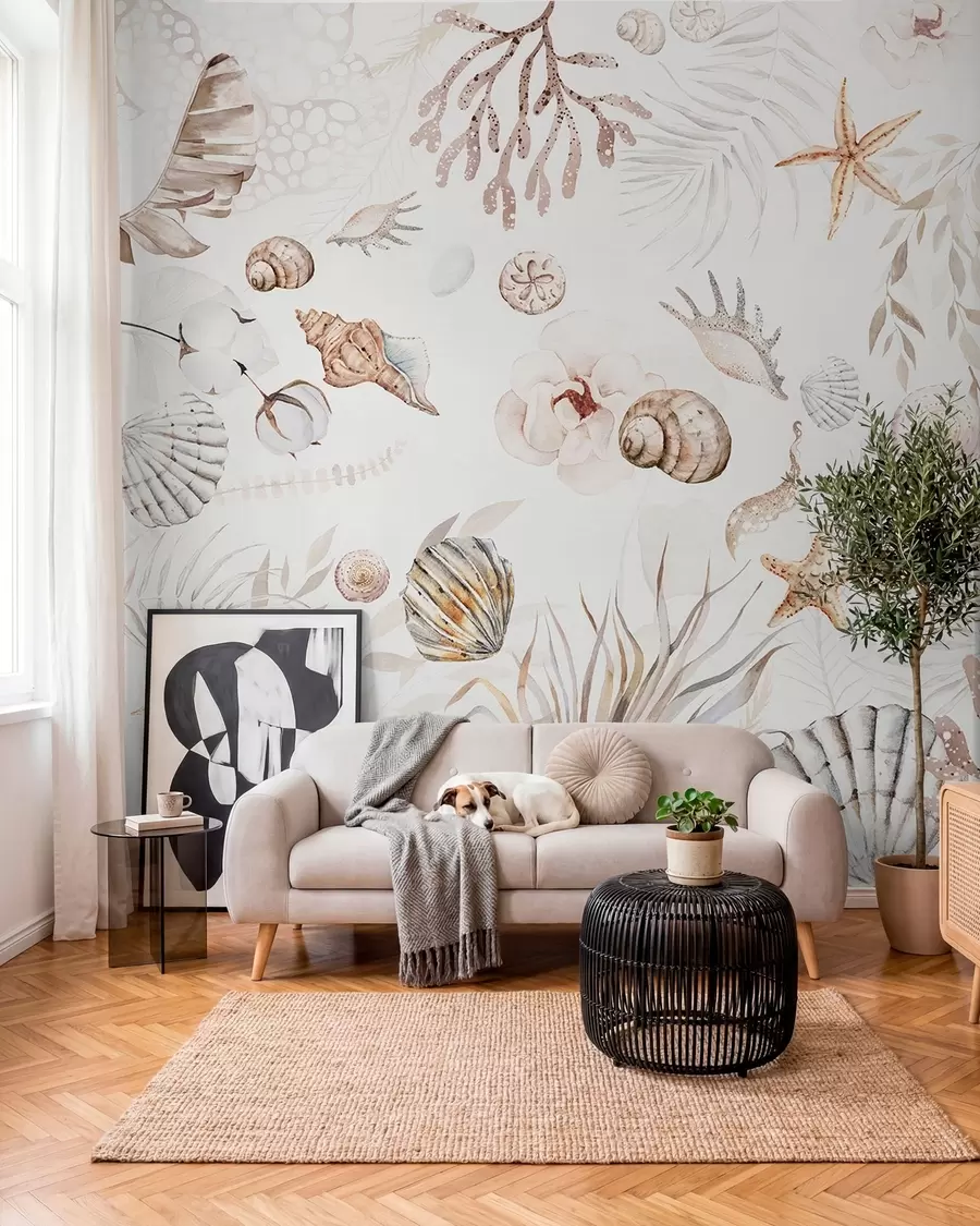 murales de pared Patrón marino acuarela, estilo boho, conchas marinas, corales, algodón, colores beige w00851