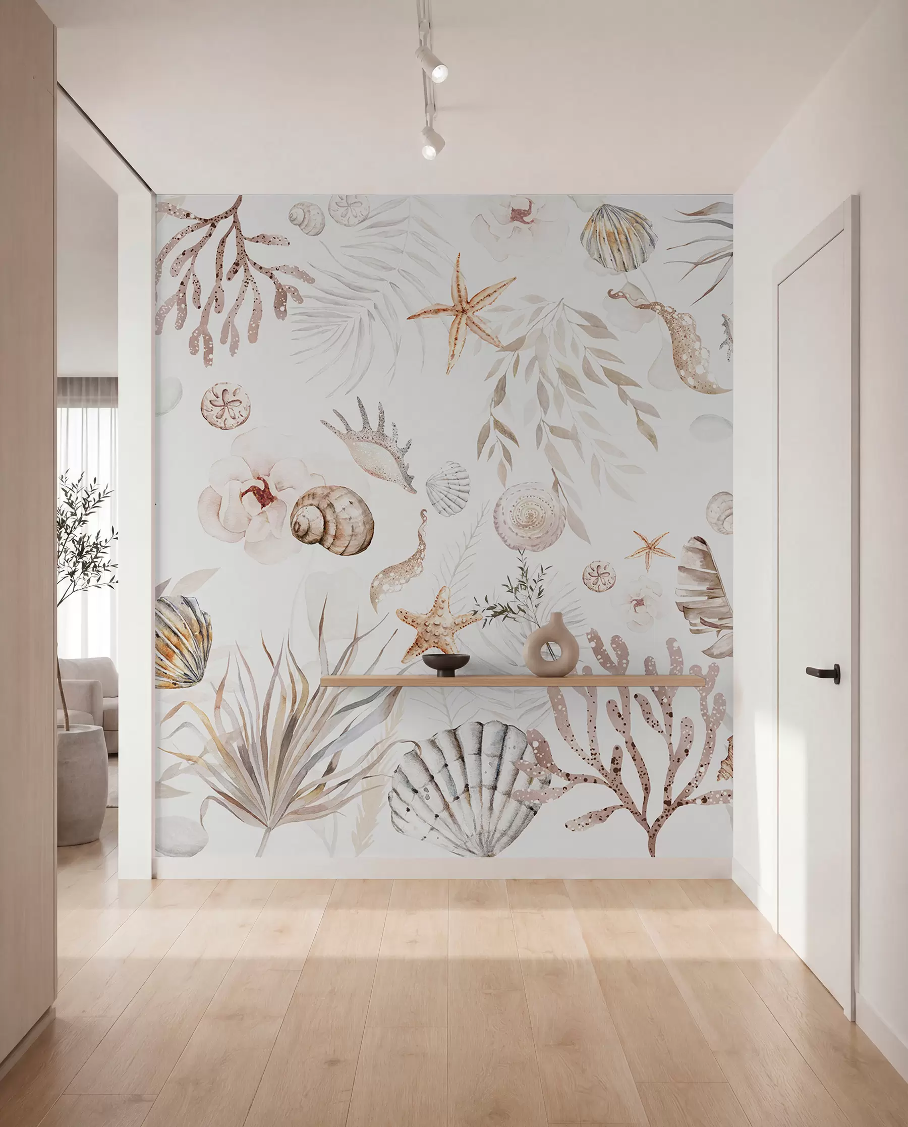 murales de pared Patrón marino acuarela, estilo boho, conchas marinas, corales, algodón, colores beige w00851